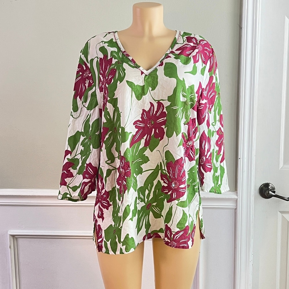 Floral Tunic Women XL Beaded V-Neck 3/4 Sleeve Pink Green Tropical Boho